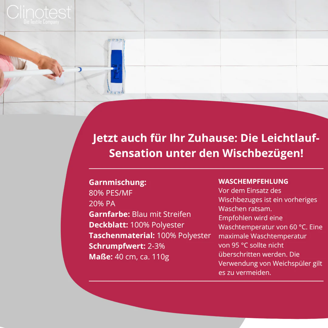 Clinotest Wischmopp, "Runner Blue DB-FC 2.0" Wischbezug, 40 cm – Bild 4