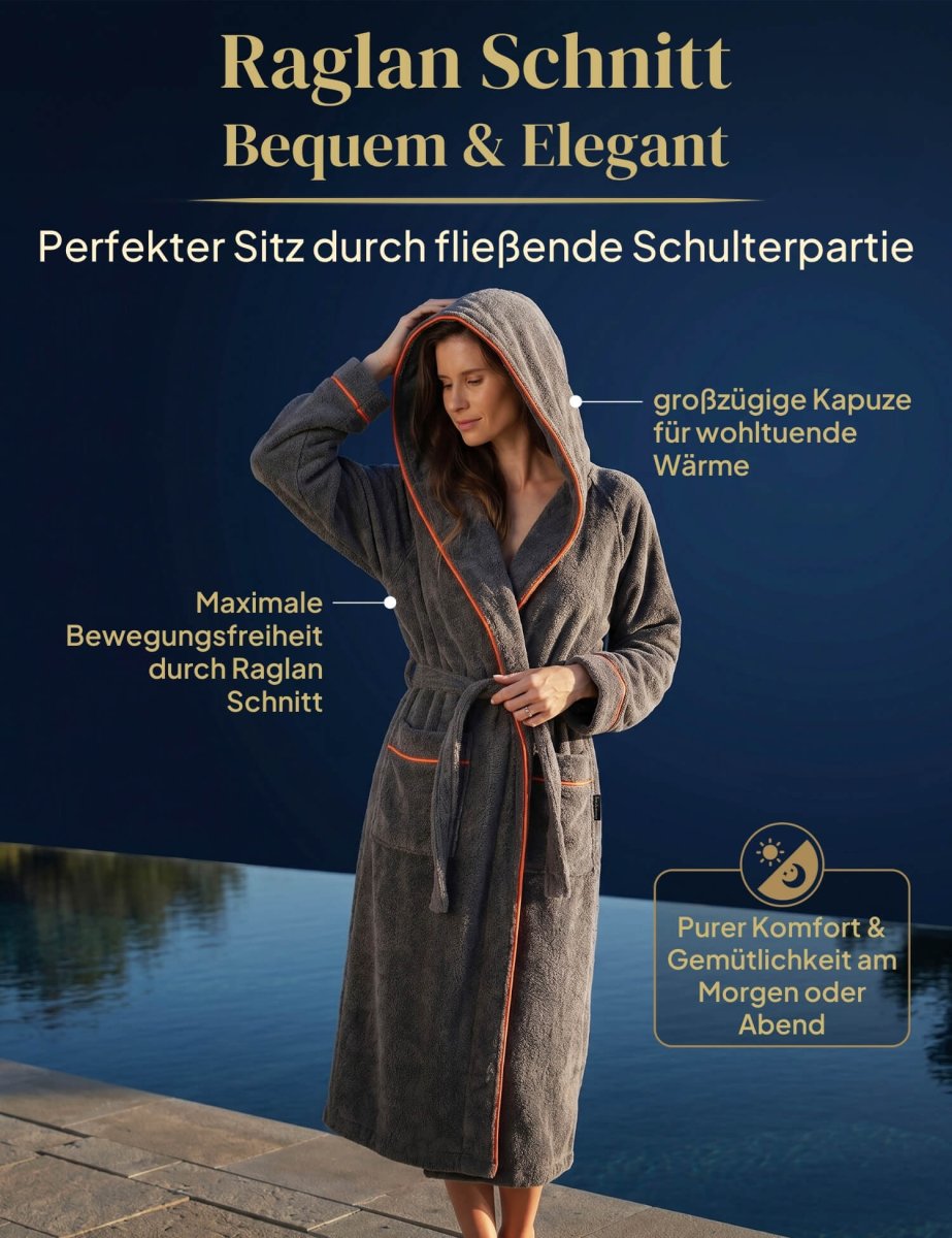 Damen Bademantel mit Kapuze aus kuscheliger Baumwolle - delphingrau - extra weich und bequem - OEKO-TEX zertifiziert – Bild 5