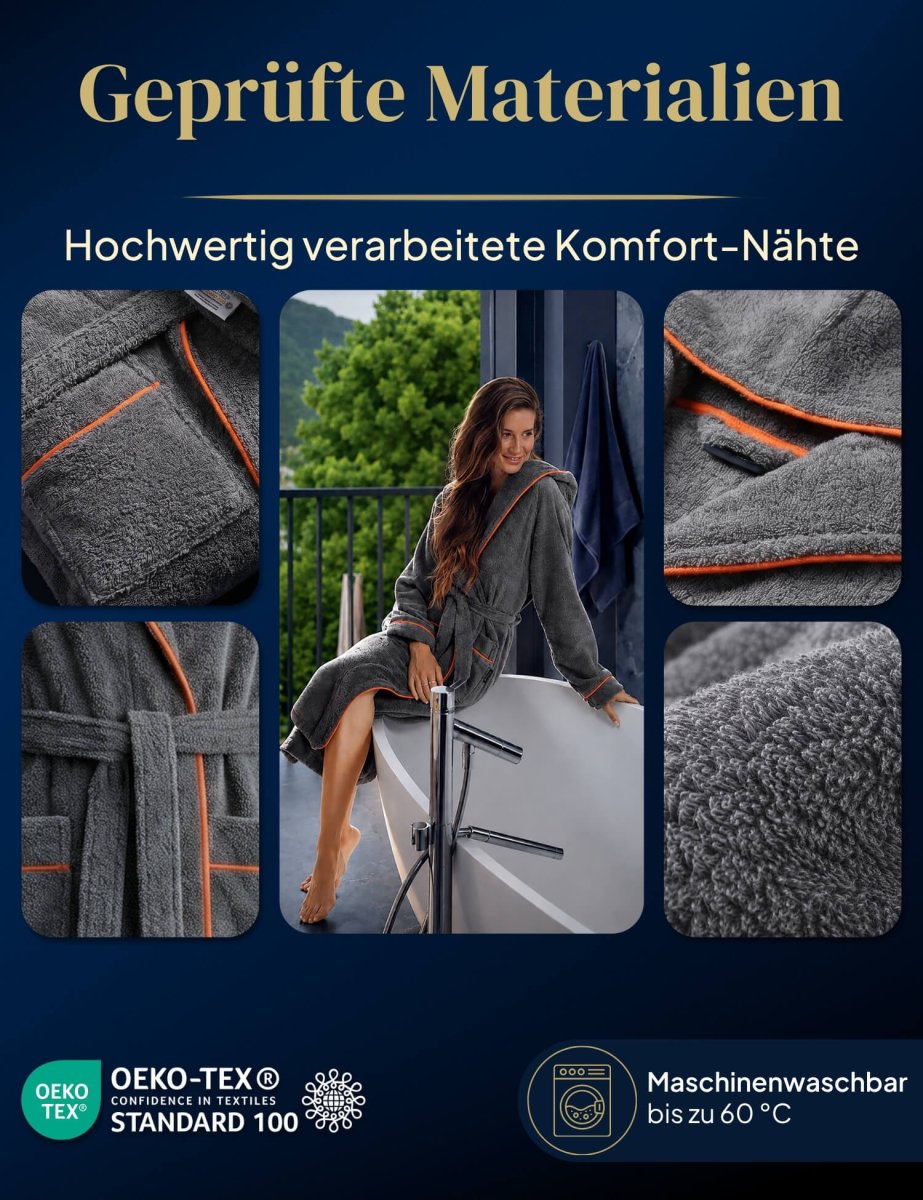 Damen Bademantel mit Kapuze aus kuscheliger Baumwolle - delphingrau - extra weich und bequem - OEKO-TEX zertifiziert – Bild 9