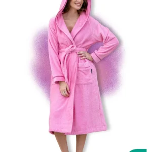 Damen Bademantel mit Kapuze aus kuscheliger Baumwolle rosa - extra weich und bequem - OEKO-TEX zertifiziert