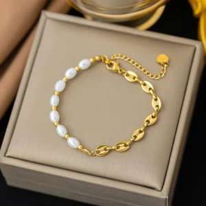Edelstahl Armband mit Halb Perlen, halb Stahlform "Ciondolo Con Cuciture Di Perle no.5307"